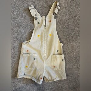Zara Girls Kids Cream Overalls with Embroidered Flowers